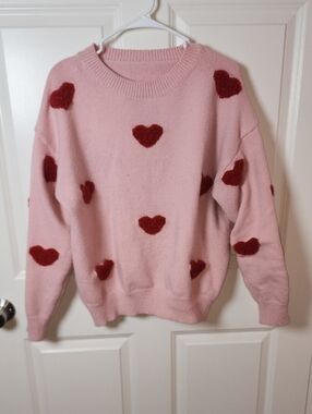 Pink Heart Print Crewneck Sweater